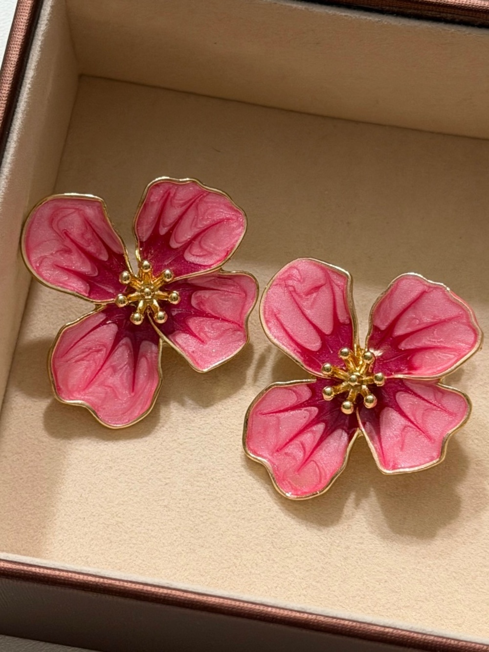 Golden Pink Asymmetrical 4-Petal Flower Enamel Statement Earrings